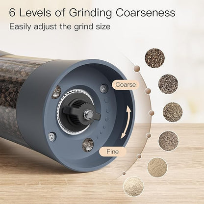 Ultrean Pepper Grinder, Electric Salt and Pepper Grinder Set with USB-C Rechargeable, Spice Mill, 6 Adjustable Coarseness, LED Light, Larger Capacity, Gift for Women Mom, Blue-Grey