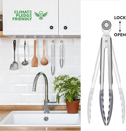 HOTEC Premium Stainless Steel Locking Kitchen Tongs with Silicon Tips, Set of 2-9" and 12" Light Grey - Image 5