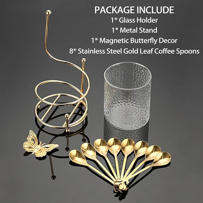 ELLDOO Coffee Spoon Set, Clear Glass Holder with 8 Stainless Steel Gold Leaf Coffee Spoons, Creative Flatware Set for Stirring, Mixing, Sugar, Ice Cream, Cake (8 x Spoons) - Image 7
