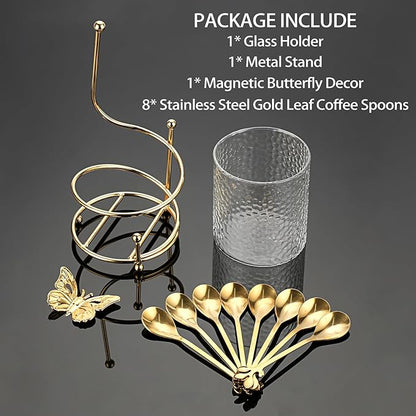 ELLDOO Coffee Spoon Set, Clear Glass Holder with 8 Stainless Steel Gold Leaf Coffee Spoons, Creative Flatware Set for Stirring, Mixing, Sugar, Ice Cream, Cake (8 x Spoons) - Image 7