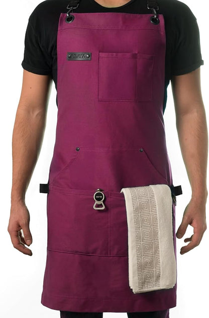 Asaya Chef and BBQ Apron with Bottle Opener and Hand Towel - 10oz Cotton Canvas, Stainless Steel Hardware - Cross Back Straps by AsayaChefProducts