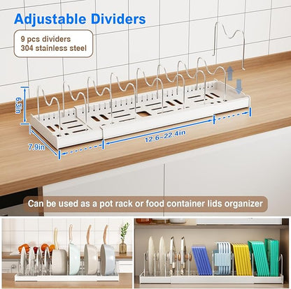 Mustorn 2 Pack Pots and Pans Organizer Under Cabinet, 22" Expandable Food Storage Container Lid Organizers with 9 Adjustable Dividers Pot and Pan Lid Holders Rack Inside Cabinet/Countertop(White) - Image 2