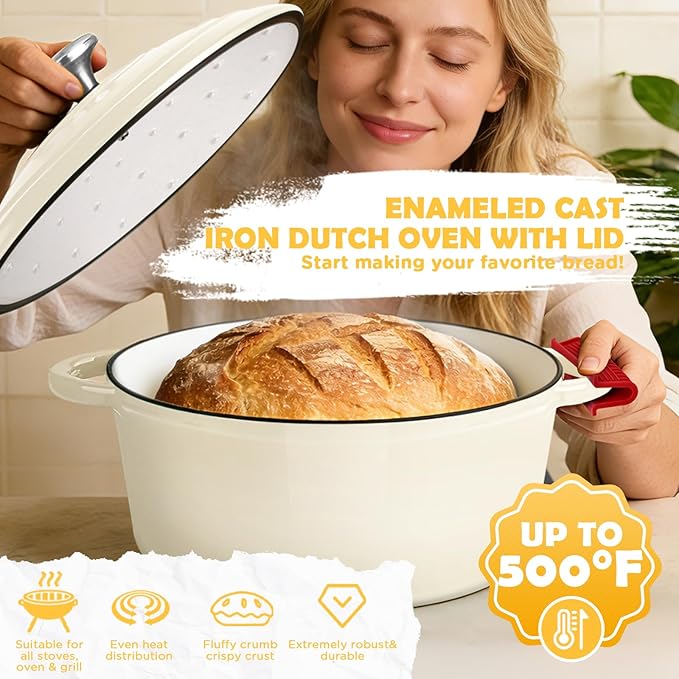 Enameled Cast Iron Dutch Oven Pot with Lid, Incl. Sourdough Bread Baking Supplies Like Banneton Bread Proofing Basket, Starter Jar, Bread Lame, 5QT Dutch Oven for Bread Baking, Oven Safe up to 500°F - Image 5