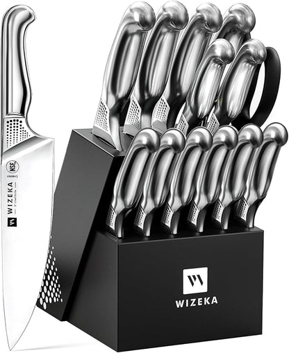 WIZEKA Kitchen Knife Set with Block: 15PCS German Stainless Steel Knife Block Set,One-Piece Design Knives Set for Kitchen, Professional Knife Set with Built-in Sharpener,Starry Sky Series Mothers Day