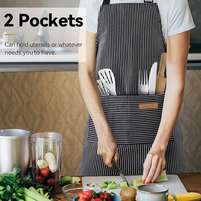 NLUS 2 Pack Kitchen Cooking Aprons, Adjustable Bib Soft Chef Apron with 2 Pockets for Men Women (Black Pinstripes) - Image 6
