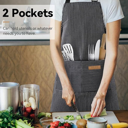 NLUS 2 Pack Kitchen Cooking Aprons, Adjustable Bib Soft Chef Apron with 2 Pockets for Men Women (Black Pinstripes) - Image 6