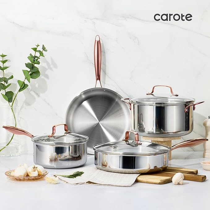 CAROTE 21pcs Tri-Ply Stainless Steel Cookware Set, Pots and Pans Set, Non Toxic Induction Kitchen Cooking Sets, Cookware Collection, Mirror Polish, Gold - Image 9