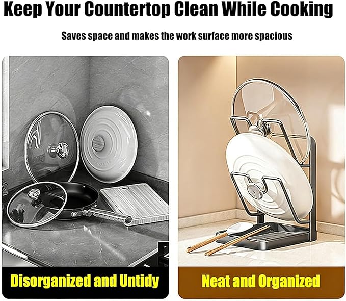 Pot Lid Organizer Rack, Stainless Steel Kitchen Pot Lid Holder & Storage Rack with Drip Tray & Spoon Rest for Countertop Stove Cooking (Beige)