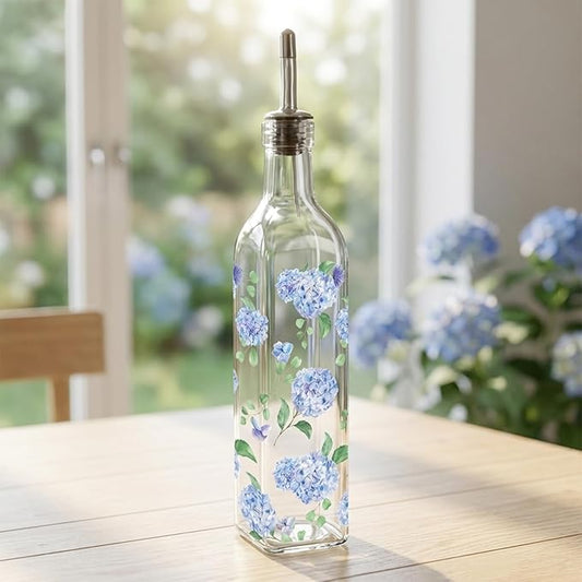 JarThenaAMCS Blue Hydrangea Olive Oil Dispenser Bottle Glass Cruet Bottle with Spout Floral Cooking Vinegar Container for Spring Mother's Day Home Kitchen Table Countertop Decor