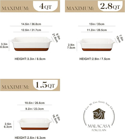 MALACASA Casserole Dishes for Oven, Ceramic Baking Dishes Set of 3, Baking Pan Casserole Dish Set, Rectangular Lasagna Pan Deep with Handles for Baking, Khaki White (14.5''/13''/10.5''), Series TARA - Image 2