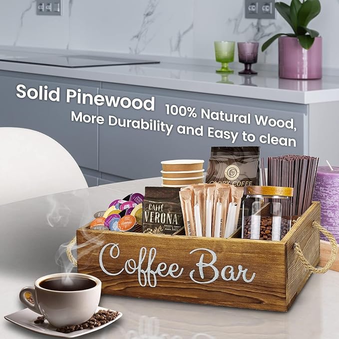 QUALLON Coffee Station Organizer with Small Removable Dividers, Wooden Coffee Bar Accessories Storage For Countertop, Farmhouse Kcup Coffee Pod Holder Basket With Handle For Coffee Lover - Image 4