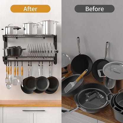 Taozun Pot Rack Wall Mounted 30 Inch, 2-Tier Heavy Duty Pot and Pan Hanging with 12 Hooks, Kitchen Cookware & Utensils Storage Hanger