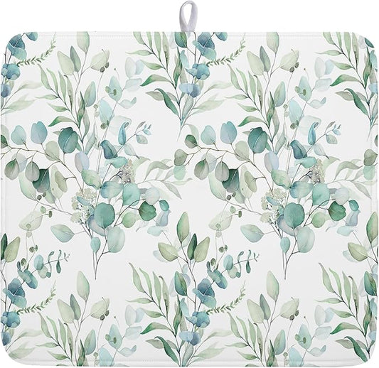 Watercolor Sage Leaves Dish Drying Mats for Kitchen Counter 16x18 Inch,Spring Leaves Kitchen Drying Mat,Sage Herbs Dishes Pad Dish Drainer Rack Mats Absorbent Fast Dry Kitchen Accessories