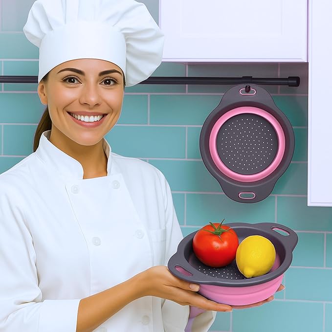 Pink Round Silicone Collapsible Colander – Small Silicone Round Kitchen Strainers with Plastic Handles Foldable Kitchen Strainer Perfect for Draining Pasta Vegetable and Fruit - Image 8