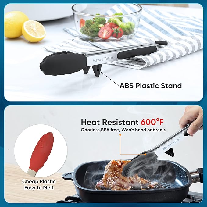 5-Pack Silicone Tongs for Cooking,Maywe Tanso 4PCS 13-Inch Kitchen Tongs with Silicone Tips,Nonstick Stainless Steel Tong for Steak Pie Pizza Pasta Spaghetti Salad BBQ Buffet,Plus Brush - Image 3