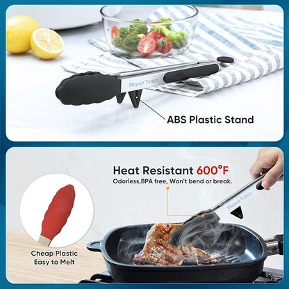 5-Pack Silicone Tongs for Cooking,Maywe Tanso 4PCS 13-Inch Kitchen Tongs with Silicone Tips,Nonstick Stainless Steel Tong for Steak Pie Pizza Pasta Spaghetti Salad BBQ Buffet,Plus Brush - Image 3