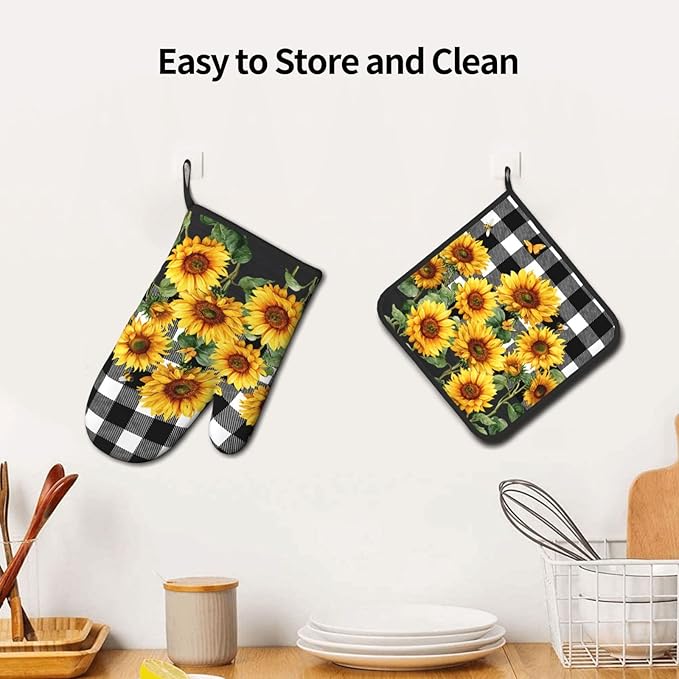 Sunflower Oven Mitts and Pot Holders Sets of 2 Buffalo Plaid Kitchen Mitts Farmhouse Hot Pads for Cooking Baking Grilling - Image 6