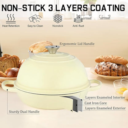 Enameled Cast Iron Bread Oven, Dutch Oven Pot with Lid, 10" Bread Dutch Oven for Sourdough Bread Baking, 6 Quarts Bread Pan with Dome Lid, Non-stick Cookware for Homemade Bread, Beige