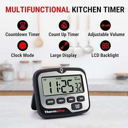 TempPro TM01(2 Pack) Kitchen Timers for Cooking with Count Up Countdown Timer, Digital Timer for Kids with Touch Backlit, Study Timers for Classroom Teacher Supplies (Previously ThermoPro) - Image 2