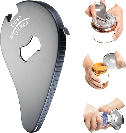 Uinxan Bottle Opener for Weak Hands & Seniors with Arthritis–5 in 1 for Vacuum Seals, Soda, Small Jar Lids(0.6"-2.7"), Beer Caps, Pull Tabs–Multifunction Portable Tool for Elderly/Women/Men (Black)