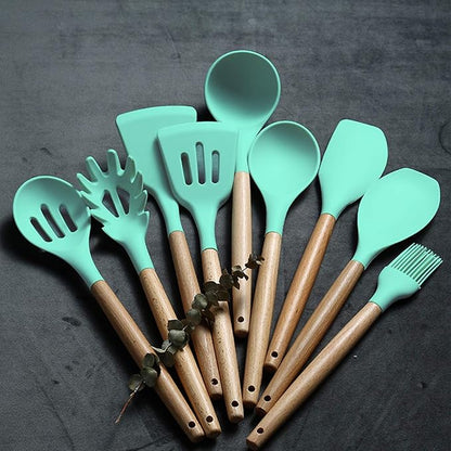 Umite Chef Kitchen Cooking Utensils Set, 24 pcs Non-stick Silicone Cooking Kitchen Utensils Spatula Set with Holder, Wooden Handle Heat Resistant Silicone Kitchen Gadgets Utensil Set (Green) - Image 5