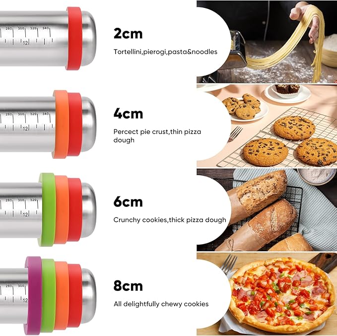 Stainless Steel Rolling Pin with Adjustable Thickness Rings - 4 Interchangeable Sizing Bands for Dumplings/Pasta/Cookies - Nonstick Kitchen Baking Tool - Image 3