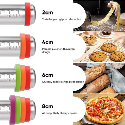 Stainless Steel Rolling Pin with Adjustable Thickness Rings - 4 Interchangeable Sizing Bands for Dumplings/Pasta/Cookies - Nonstick Kitchen Baking Tool - Image 3