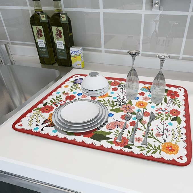 Large Microfiber Dish Drying Mat Red Floral Absorbent Drying Pad for Kitchen Counter - Image 6