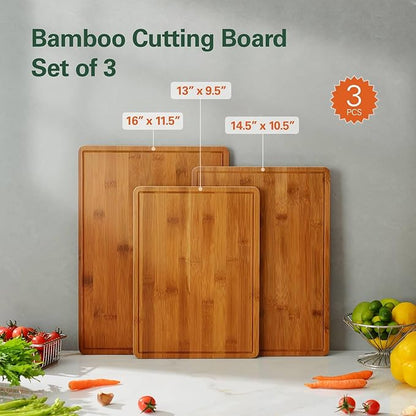 Carbonized Bamboo Cutting Boards for Kitchen, XL Durable Wood Cutting Board with Juice Grooves and Handles, Set of 3 Solid Charcuterie Board for Meal Prep & Serving (13x9.5, 14.5x10.5, 16x11.5) - Image 8