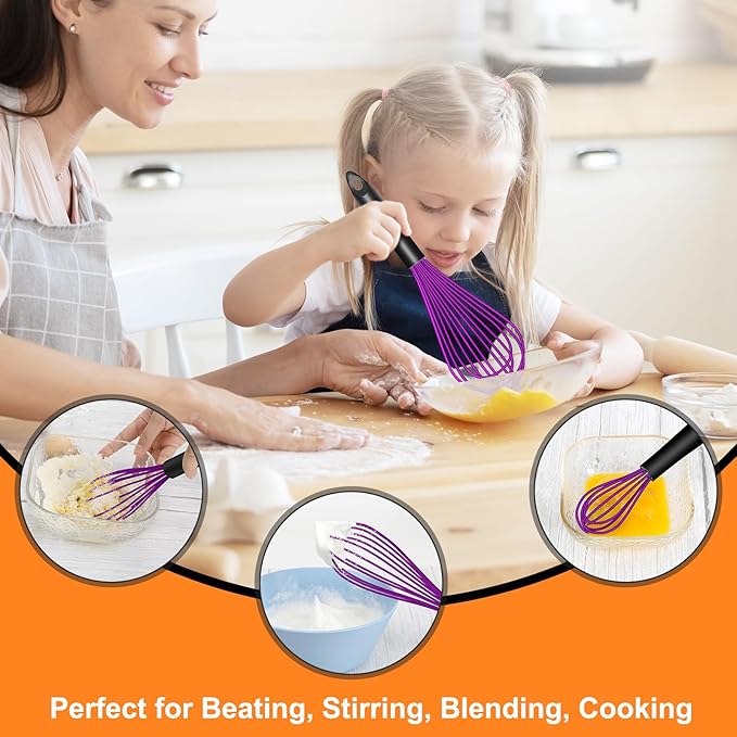 HOTEC 4 Pieces Silicone Whisks for Cooking, Wire Balloon Whisks Egg Beater, Non-Slip Handle Whisk for Non-Stick Cookware Perfect for Stirring, Beating and Blending, Stainless Steel, Purple - Image 6
