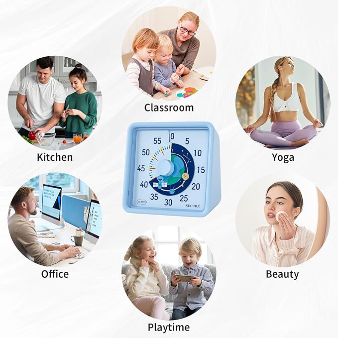 Secura 60-Minute Visual Timer for Kids, Time Clocks, Countdown Timer for Office Kitchen, Classroom Timer for Kids, Silent Time Management Tool (Blue)