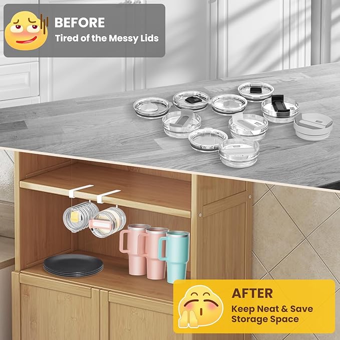 2 Pack Tumbler Lid Organizer, Under Cabinet Cup Lid Holder for Yeti Insulated Mug/Stanley Insulated Mug/Simple Modern Insulated Mug Lid, No Gluing, No Drilling, Up to 10 Lids (White) - Image 6