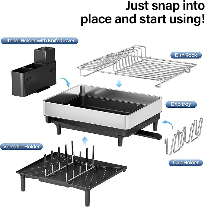 Urackify Dish Drying Rack for Kitchen Counter - Stainless Steel Dish Drainer with Drain Board, Removable Utensil Holder, Rust-Proof Plate, Non-Slip Feet, Large Capacity for 10 Plates 6 Bowls 4 Cups - Image 6