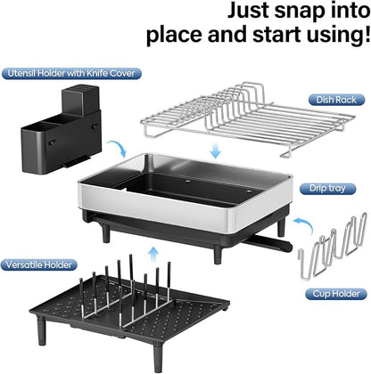 Urackify Dish Drying Rack for Kitchen Counter - Stainless Steel Dish Drainer with Drain Board, Removable Utensil Holder, Rust-Proof Plate, Non-Slip Feet, Large Capacity for 10 Plates 6 Bowls 4 Cups - Image 6