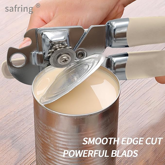 Safring Can Opener Manual, Handheld Strong Heavy Duty Stainless Steel Can Opener, Comfortable Handle, Sharp Blade Smooth Edge, Can Openers with Multifunctional Bottle Opener, Beige - Image 4