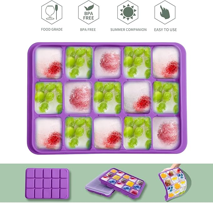 Tvmania Ice Cube Trays Set of 2, Easy Release 15 Flexible Silicone Ice Cube Molds with Removable Lid Reusable Freezer Ice Trays Stackable for Whiskey, Baby Food, BPA Free (purple) - Image 4