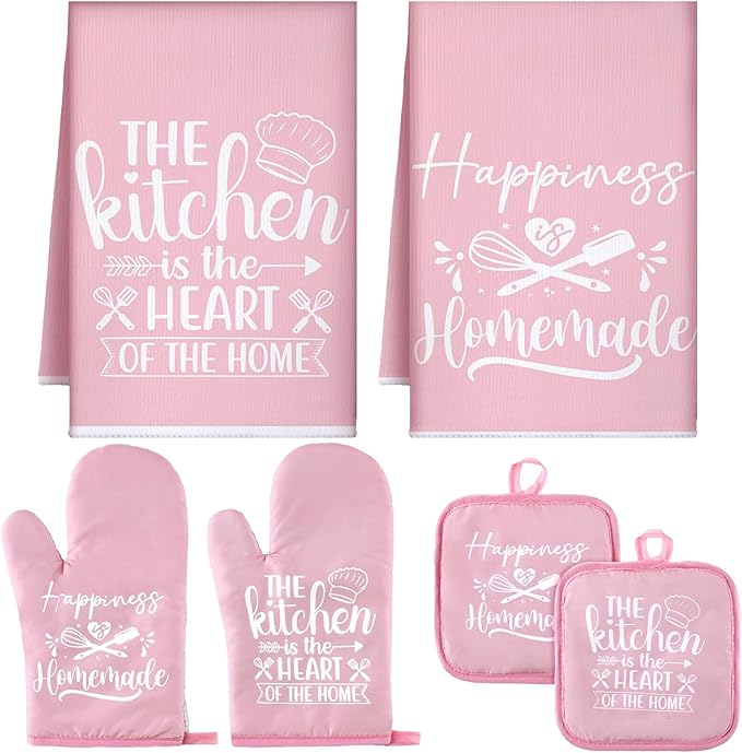 Sratte 6 Pcs Kitchen Decor Accessories Set Farmhouse Towels Pot Holders Oven Mitts Set 2 Dish Towels 2 Potholders 2 Cooking Mittens Oven Glove for Christmas Baking Cooking Supply(Pink,Kitchen) by Sratte