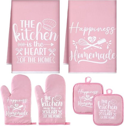 Sratte 6 Pcs Kitchen Decor Accessories Set Farmhouse Towels Pot Holders Oven Mitts Set 2 Dish Towels 2 Potholders 2 Cooking Mittens Oven Glove for Christmas Baking Cooking Supply(Pink,Kitchen) by Sratte