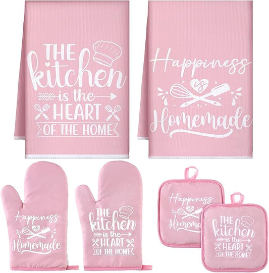Sratte 6 Pcs Kitchen Decor Accessories Set Farmhouse Towels Pot Holders Oven Mitts Set 2 Dish Towels 2 Potholders 2 Cooking Mittens Oven Glove for Christmas Baking Cooking Supply(Pink,Kitchen) by Sratte
