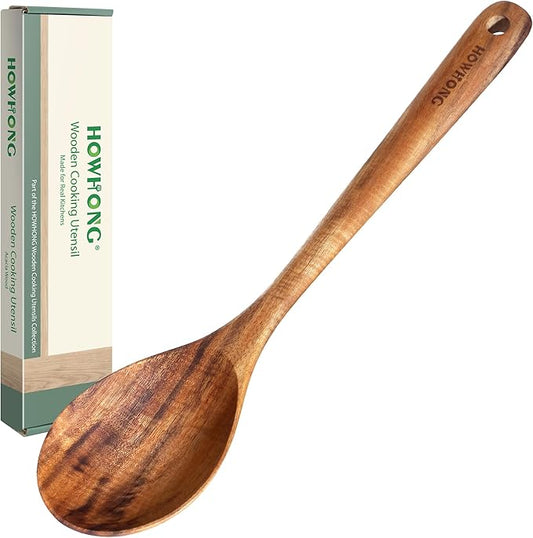 HOWHONG Wooden Cooking Spoon, Long Handle Acacia Wood Spoon for Cooking, Deep Solid Spoon for Soup, Sauce and Stirring, Smooth Finish, Nonstick Cookware Safe, Bare Wood Feel for Daily Kitchen Use