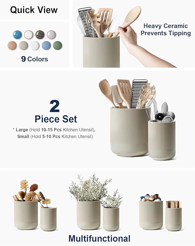 LE TAUCI Utensil Holder for Kitchen Counter, 7.3"+5.4" Fluted Ceramic Utensil Crock Organizer for Countertop, Heavy Large Holder for Spatulas, Spoons, Set of 2, Oatmeal Greige - Image 2