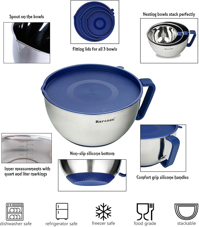 Rorence Mixing Bowls Set: Stainless Steel Non-Slip Bowls with Pour Spout, Handle and Lid - Set of 3 - Blue - Image 3