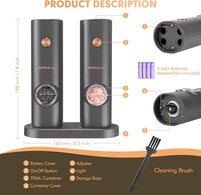 SIMPLETASTE Electric Salt and Pepper Grinder Set with LED Light, Automatic Pepper Mill Shakers with Adjustable Coarseness, One Hand Operation for Kitchen, Dining, Gifting, Space Gray, Battery Operated - Image 6