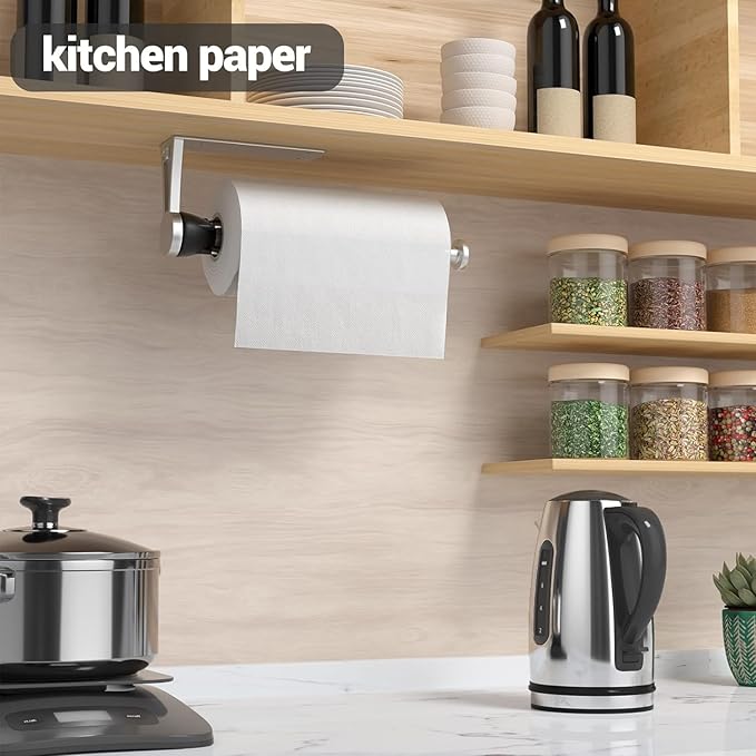Paper Towel Holder Under Cabinet with Damping Effect, Single-Hand Operable Wall Mount Paper Towel Holder for Kitchen/Bathroom, Under Counter Self-Adhesive/Drilled Kitchen Towel Holder - Image 3