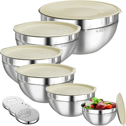 Mixing Bowls with Lids Set, 6 PCS Stainless Steel Mixing Bowls with 3 Grater Attachments, Kitchen Food Storage Organizers Nesting Mixing Bowl, Large Size 4.5, 3.5, 2.1, 1.5, 1.1, 0.7QT by HelpYouSaveMoreSpace