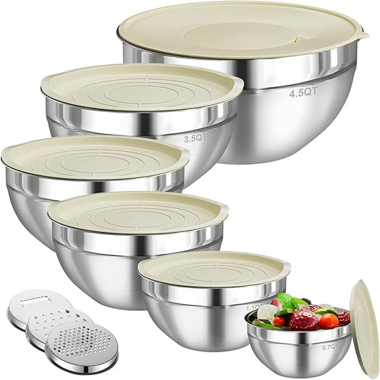 Mixing Bowls with Lids Set, 6 PCS Stainless Steel Mixing Bowls with 3 Grater Attachments, Kitchen Food Storage Organizers Nesting Mixing Bowl, Large Size 4.5, 3.5, 2.1, 1.5, 1.1, 0.7QT by HelpYouSaveMoreSpace