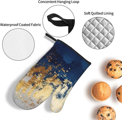 Blue and Gold Watercolor Abstract Oven Mitts and Pot Holder Sets of 3, Non-Slip Heat Resistant Decor Navy Kitchen Gloves with Hanging Loop for Cooking Baking Grilling, Kitchen Gifts for Cooking Lover - Image 6