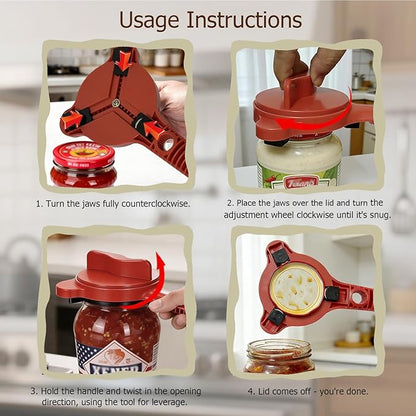 4-in-1 Jar Opener, Adjustable Jar Opener for Seniors, Kitchen Tool Designed Specifically for Seniors and Those with Limited Physical Strength, Suitable For Beer, Salad Dressing, Jar (Red)