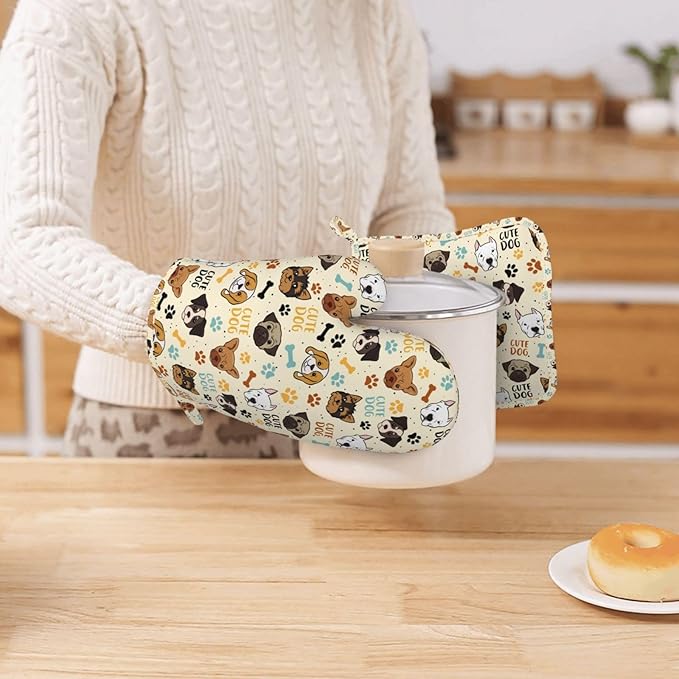 Cute Dog Oven Mitts and Pot Holders Set - Heat Resistant (500°F) Non-Slip Silicone Kitchen Gloves for Cooking, Baking, Grilling & BBQ - Kitchen Accessories for Women/Men, Gift Idea