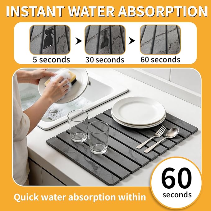 Stone Dish Drying Mat for Kitchen Counter, 24"×16" Quick Dry Stone Dishes Mat, Foldable Water Absorbing Diatomaceous Earth Drying Mats with Non-Slip Heat-Resistant Base for Dishes Utensils(Dark Gray) - Image 2